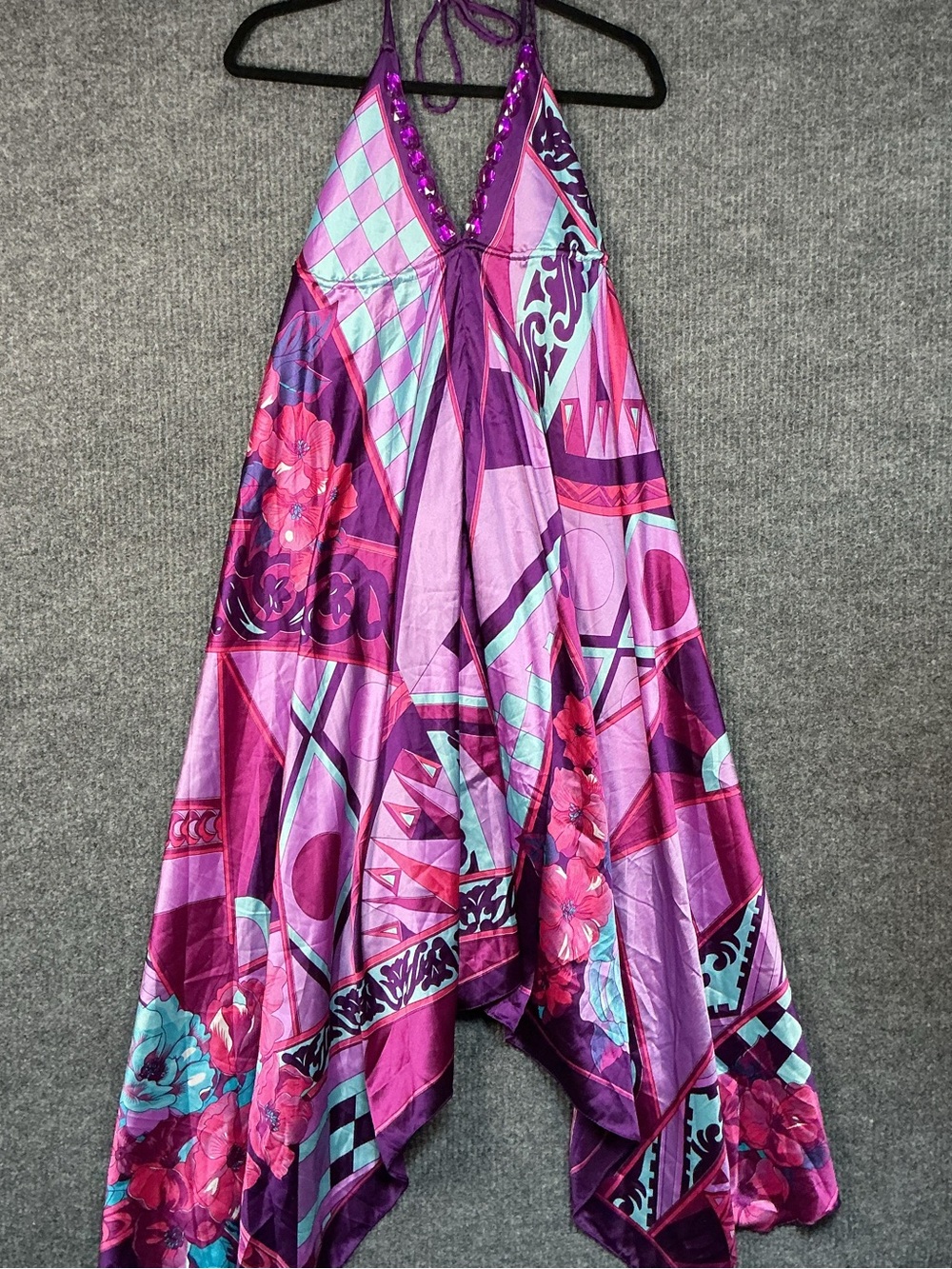 Sol Dress Womens purple Pink Halter Maxi Gown Floral Paisley Evening Glam